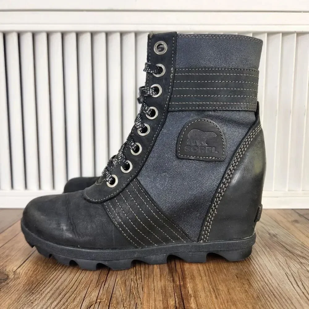 Sorel Lexie Boots Womens Sz 8 Black Leather Hidden Wedge Heel Lug Ankle Booties